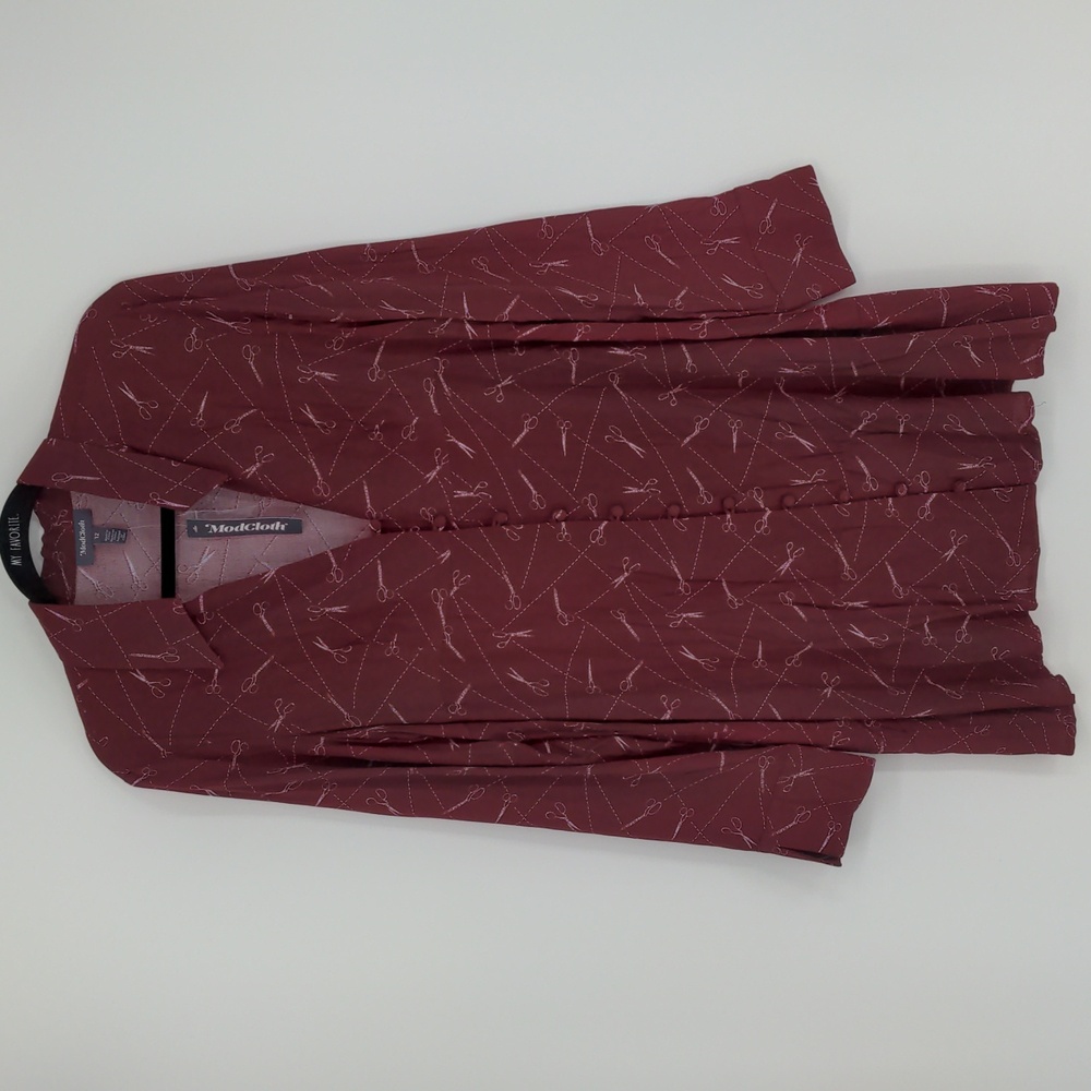 Modcloth A Cut Above Average Shirt Dress Size 12 Burgundy Scissors Hair Stylist‎